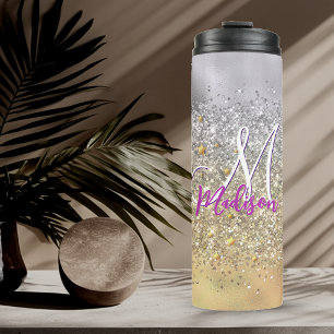 Cute silver gold Glitter stars monogram Thermal Tumbler