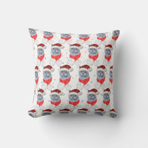 Cute Silver Gray Cat With Santa Hat Christmas Cushion