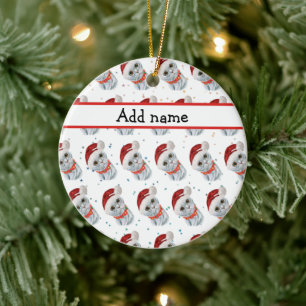 Cute Silver Grey Cat With Christmas Cat Collar Ceramic Ornament