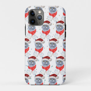 Cute Silver Grey Cat With Santa Hat Christmas iPhone 11 Pro Case