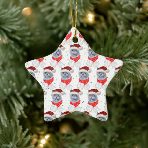 Cute Silver Grey Cat With Santa Hat Christmas Ceramic Ornament