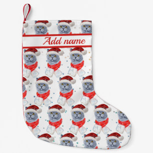 Cute Silver Grey Cat With Santa Hat Christmas Small Christmas Stocking