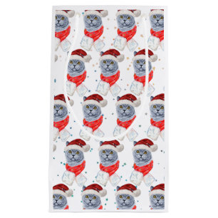 Cute Silver Grey Cat With Santa Hat Christmas Small Gift Bag