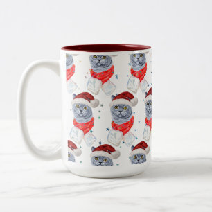 Cute Silver Grey Cat With Santa Hat Christmas Two-Tone Coffee Mug