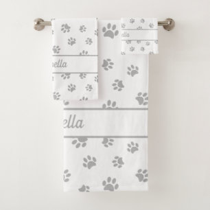 Cute Silver Grey Paw Prints Personalised Bath Towel Set