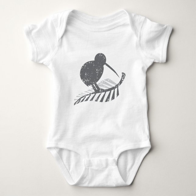 cute silver kiwi bird and silver fern distressed baby bodysuit (Front)