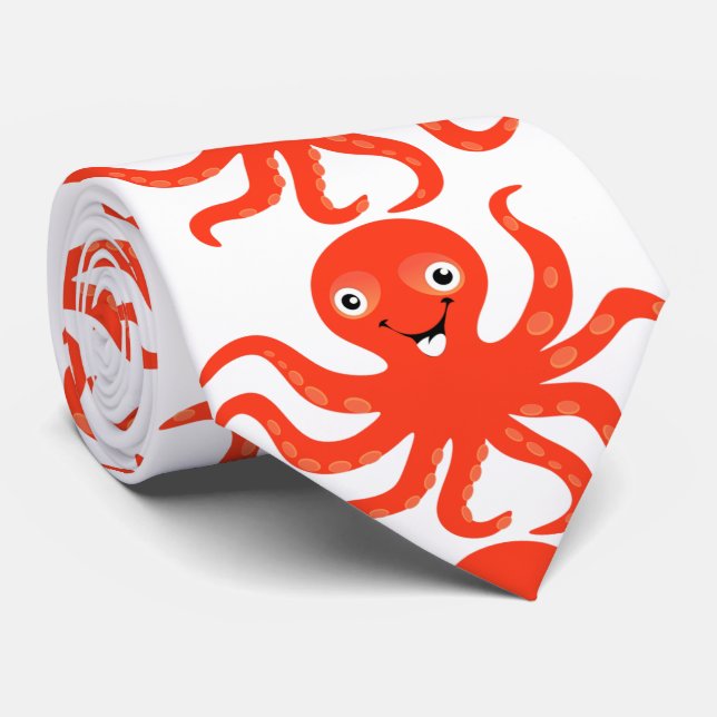 Cute Silver Orange Octopus Tie (Rolled)