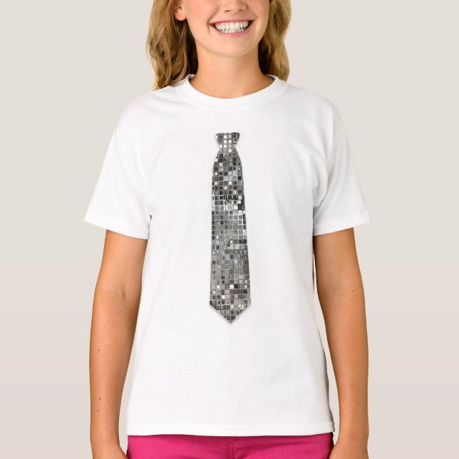 Cute Silver Sequins Look Faux Fake Tie T-Shirt (Front)