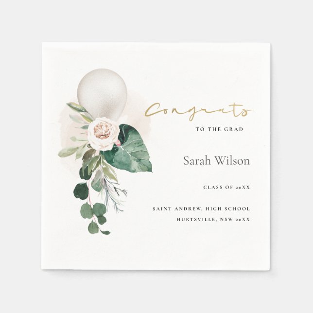 CUTE SILVER WHITE BALLOON FLORAL GRAD CONGRATS NAPKIN (Front)