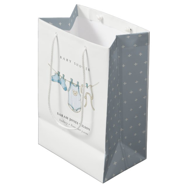 Cute Simple Aqua Blue Boy Clothesline Baby Shower Medium Gift Bag (Front Angled)