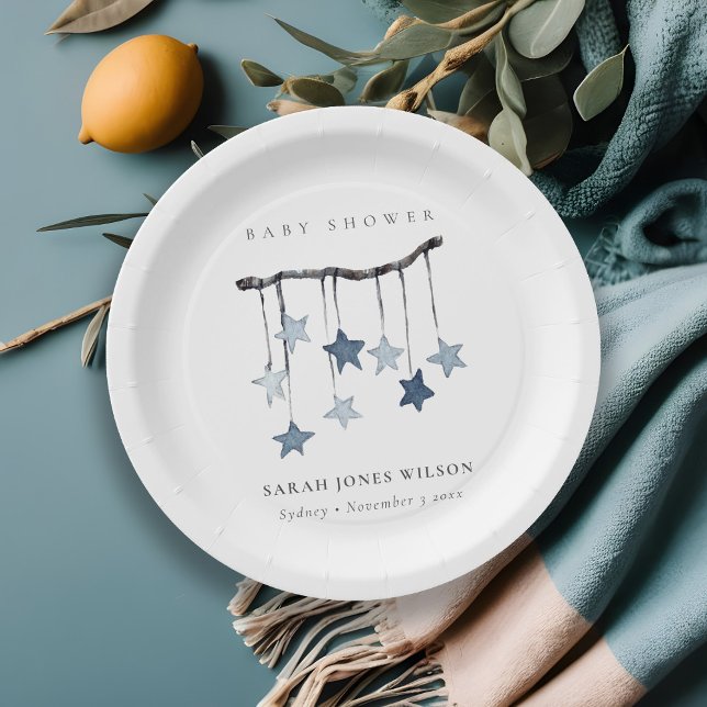Cute Simple Aqua Blue Star Mobile Baby Shower Paper Plate (Creator Uploaded)