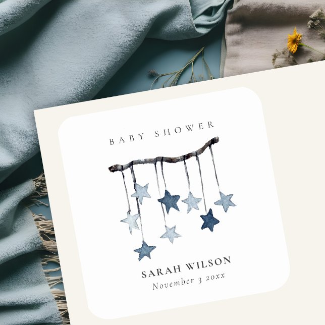 Cute Simple Aqua Blue Star Mobile Boy Baby Shower Square Sticker (Creator Uploaded)