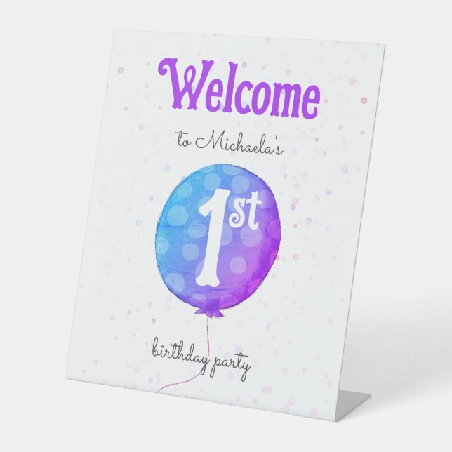 Cute Simple Balloon 1st Birthday Welcome Pedestal Sign (Front)