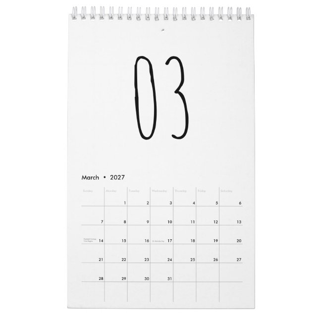 Cute Simple Black and White Handwritten Script Calendar (Mar 2027)