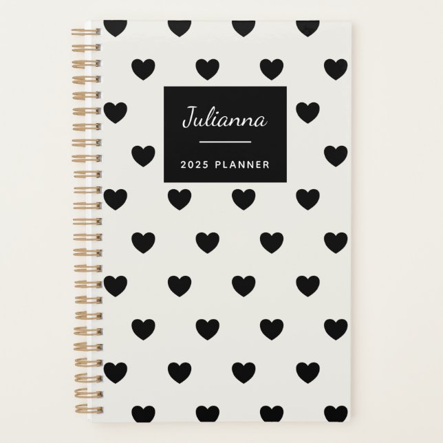 Cute Simple Black White Hearts Personalised 2025 Planner (Front)