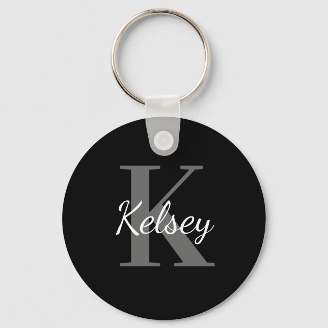 Cute Simple Black & White Monogram Initial & Name Key Ring (Front)