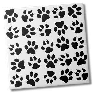Cute Simple Black White Pet Dog Paw Print Pattern Ceramic Tile