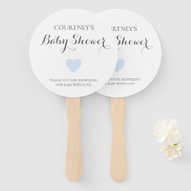 Cute Simple Blue Heart Boy Baby Shower Hand Fan (Front and Back)