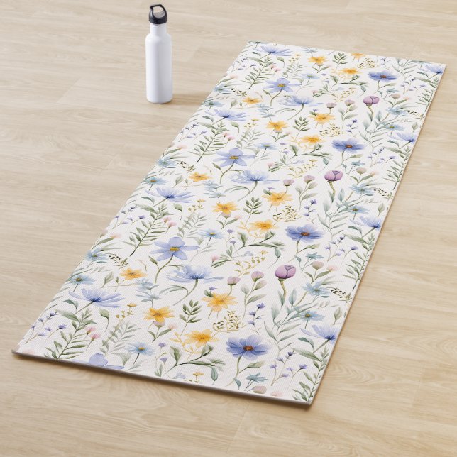 Cute Simple Blue Purple Watercolor Wildflower Yoga Mat (In Situ)
