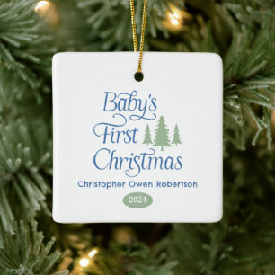 Cute Simple Blue White Baby's 1st Christmas Ceramic Ornament