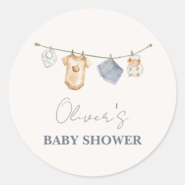 Cute Simple Boho Clothesline Baby Shower  Classic Round Sticker (Front)