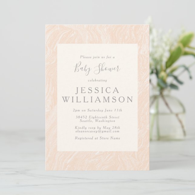 Cute Simple Boho Peach Blush Marble Baby Shower Invitation (Standing Front)
