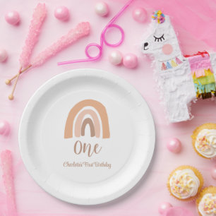 Cute Simple Boho Rainbow First Birthday Paper Plate