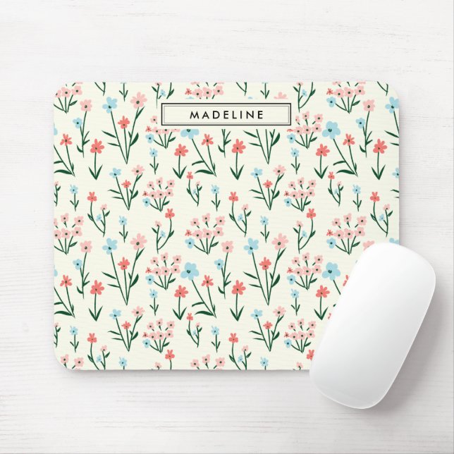Cute Simple Botanical Pink Blue Flower Floral Mouse Pad (With Mouse)