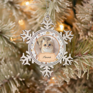  cute simple christmas holiday Custom cat Photo    Snowflake Pewter Christmas Ornament