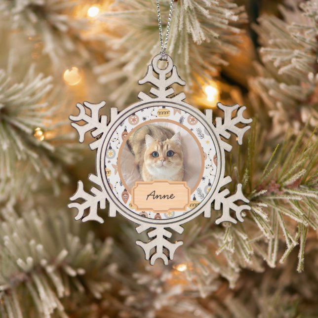  cute simple christmas holiday Custom cat Photo    Snowflake Pewter Christmas Ornament (Tree)