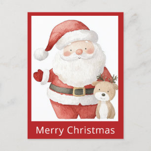 Cute Simple Christmas Watercolor Santa Reindeer Postcard
