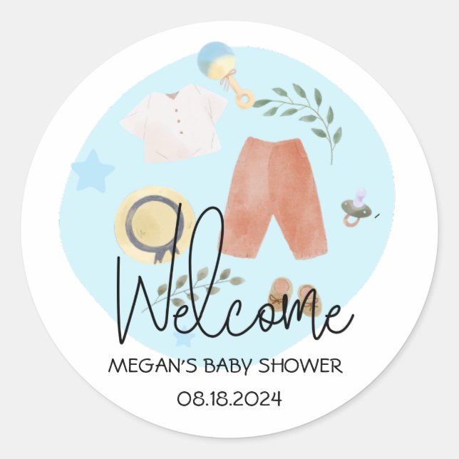 Cute Simple Clothes Blue Baby Shower Welcome Classic Round Sticker (Front)