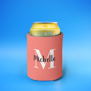 Cute Simple Coral Pink & White Monogram Template Can Cooler