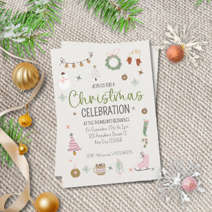 Cute Simple Cozy Winter Pink Green Christmas Party Invitation