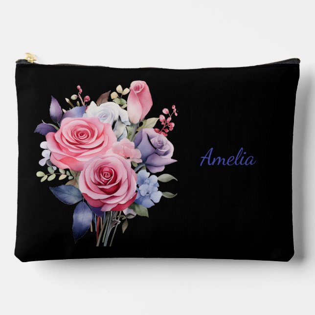 Cute Simple Elegant Black With Flowers Accessory Pouch (Front)