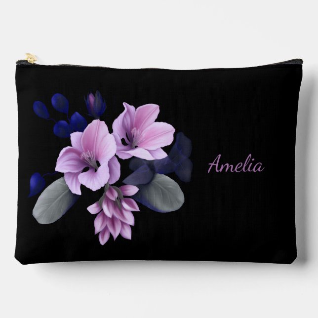 Cute Simple Elegant Black With Flowers Accessory Pouch (Front)