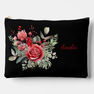 Cute Simple Elegant Black With Flowers Accessory Pouch
