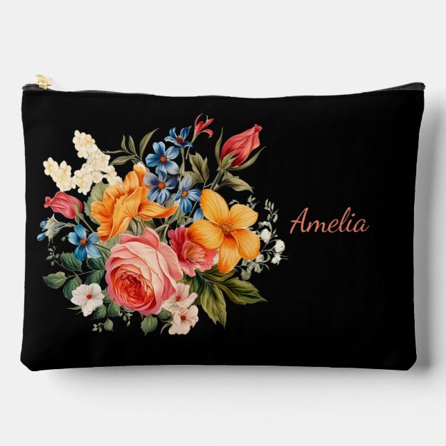 Cute Simple Elegant Black With Flowers Accessory Pouch (Front)