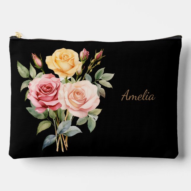 Cute Simple Elegant Black With Flowers Accessory Pouch (Front)