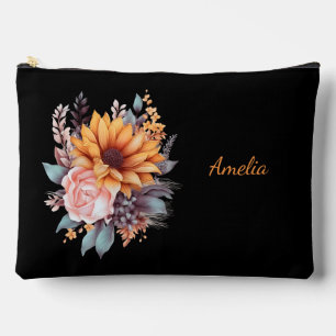 Cute Simple Elegant Black With Flowers Accessory Pouch