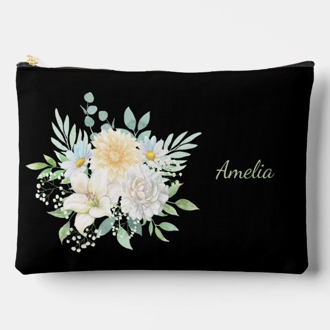 Cute Simple Elegant Black With Flowers Accessory Pouch (Front)