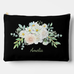 Cute Simple Elegant Black With Flowers Accessory Pouch