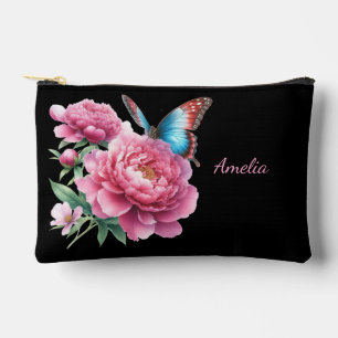 Cute Simple Elegant Black With Flowers Accessory Pouch