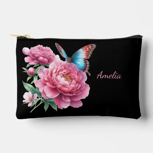 Cute Simple Elegant Black With Flowers Accessory Pouch (Front)