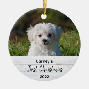 Cute Simple First Christmas Rustic Wood Pet Photo Ceramic Ornament