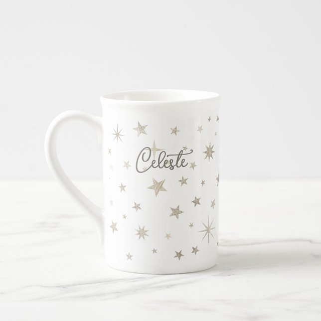 Cute Simple Gender Neutral White Silver Star Fairy Bone China Mug (Left)