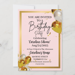 Cute Simple Gold & Pink Birthday Invitation