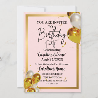 Cute Simple Gold & Pink Birthday Invitation