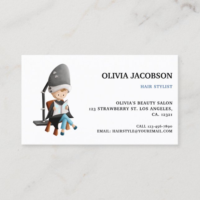 Cute Simple Hair Stylist Illustrated Beauty Salon Business Card (Front)