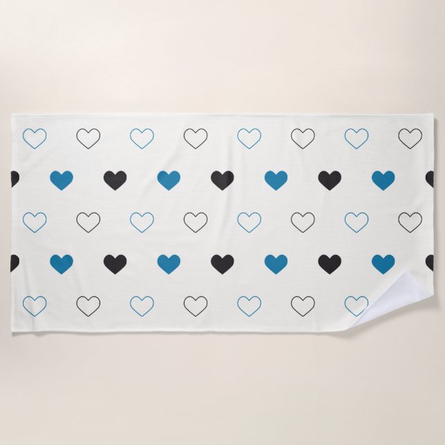 Cute Simple Heart Pattern blue black cream Beach Towel (Front)